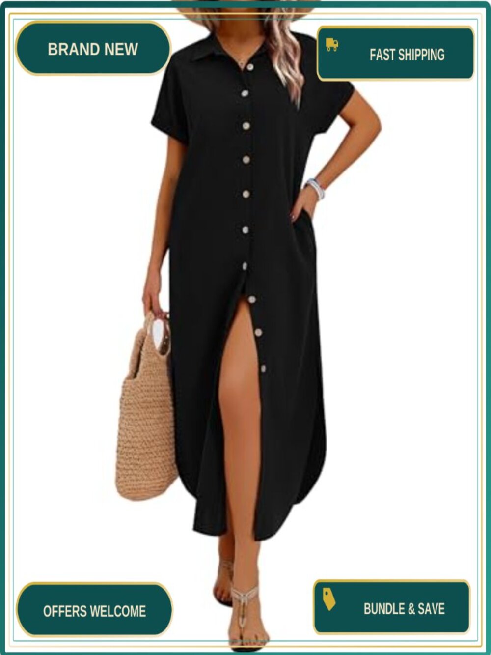 Zeagoo Women's Casual Summer Short Sleeve Button Down Long Shirt Dress